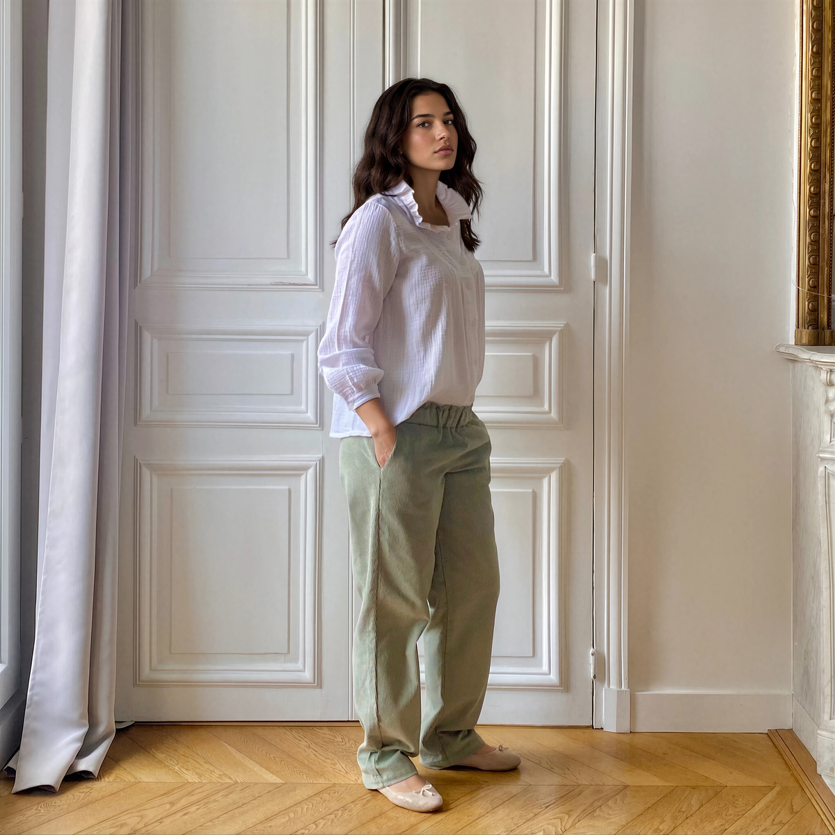 Boyfriend vert velours, pantalon de grossesse