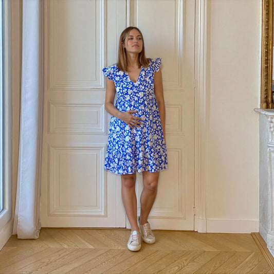 Menthe bleu à imprimé floral blanc, robe de grossesse et d'allaitement