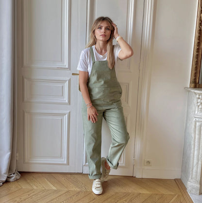 Côte d’Opale velours vert de gris, salopette de grossesse évolutive