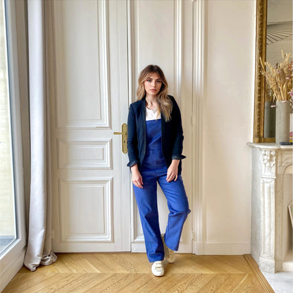 Côte d’Opale velours bleu, salopette de grossesse évolutive