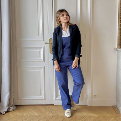Côte d’Opale velours bleu, salopette de grossesse évolutive
