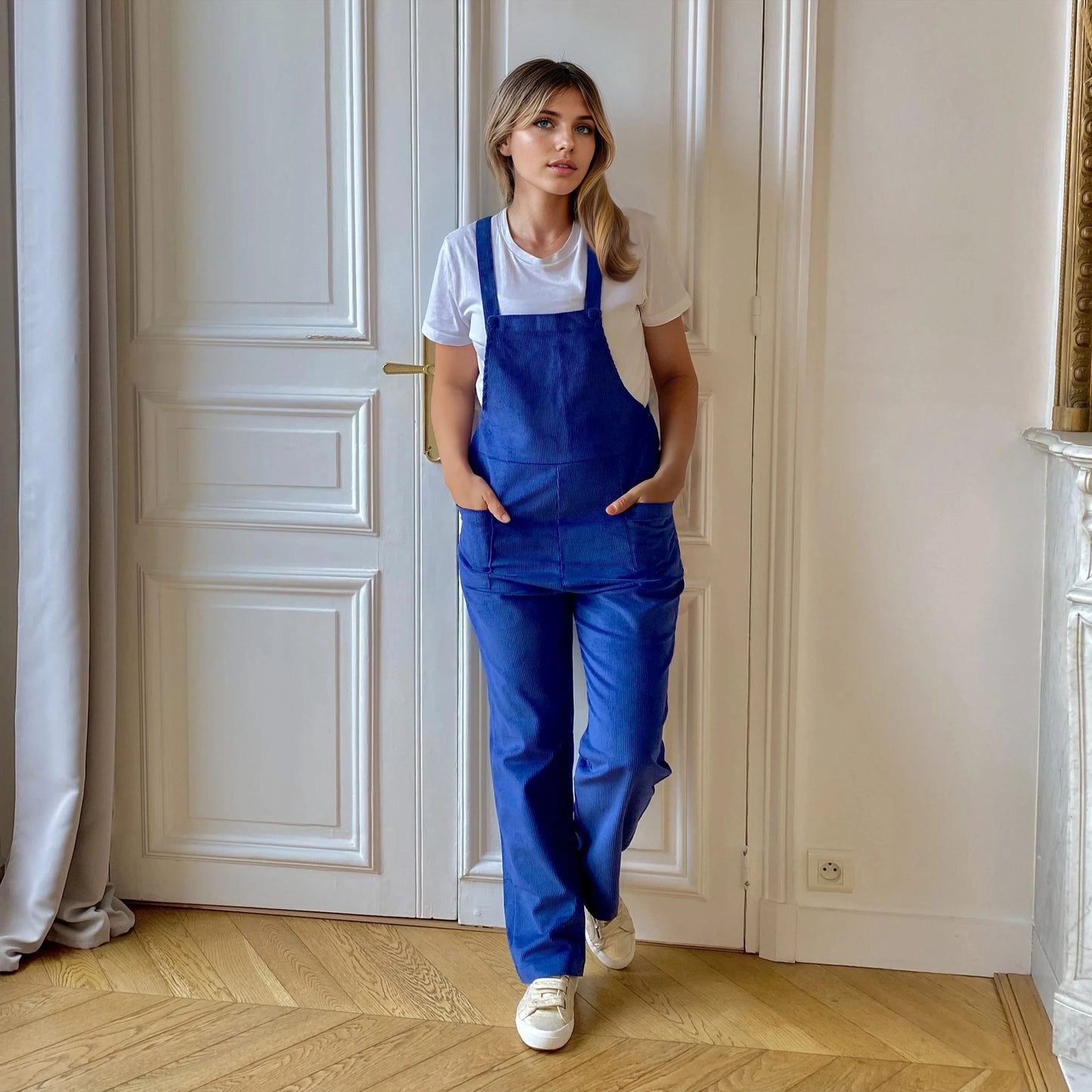 Côte d’Opale velours bleu, salopette de grossesse évolutive