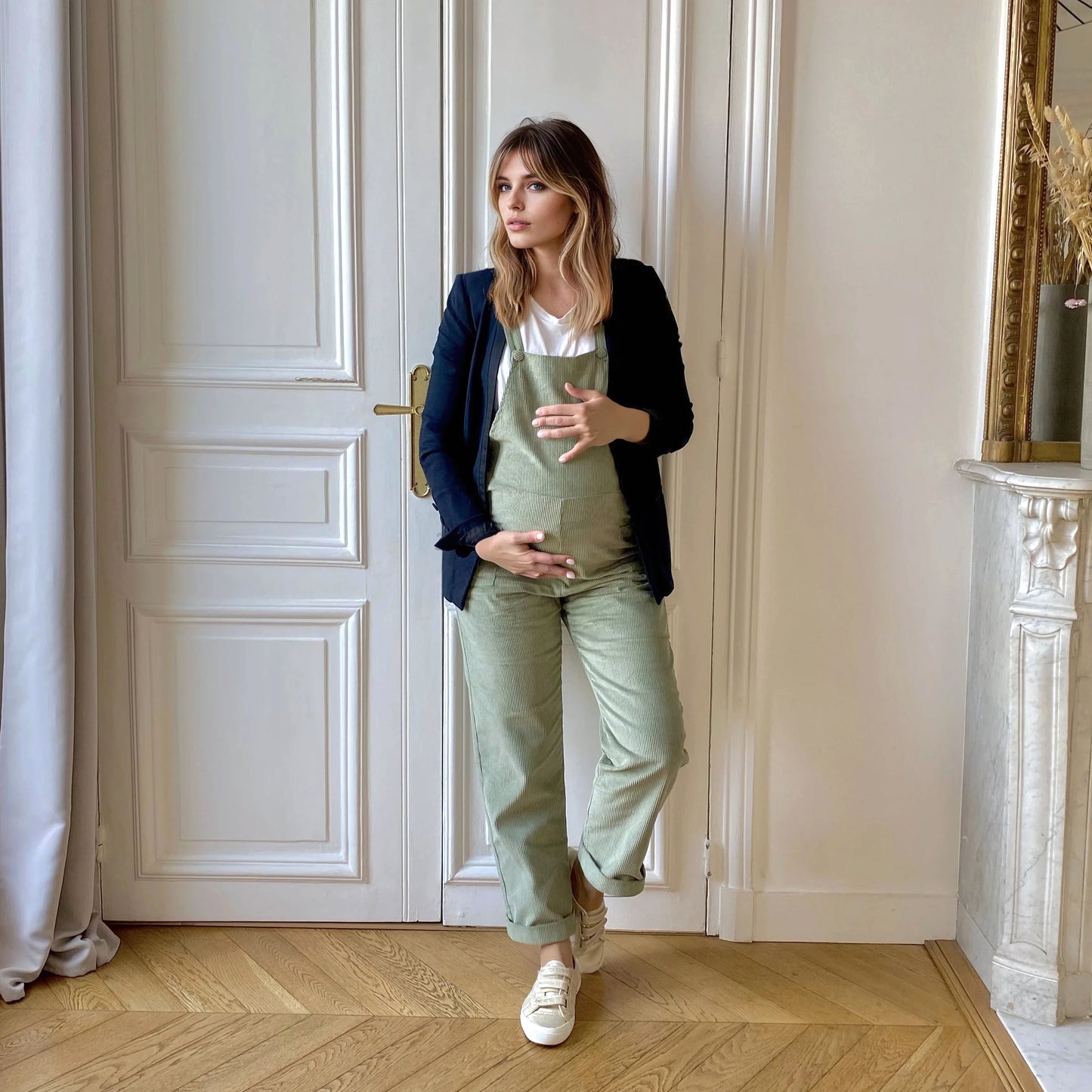 Côte d’Opale velours vert de gris, salopette de grossesse évolutive