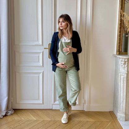 Côte d’Opale velours vert de gris, salopette de grossesse évolutive