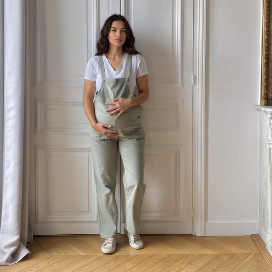 Côte d’Opale velours vert de gris, salopette de grossesse évolutive