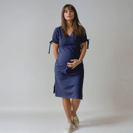 Robe t-shirt grossesse et allaitement réversible – col V & col bateau Camélia